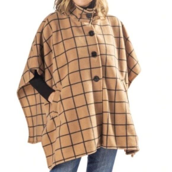 Le Moda  OSFM Cozy 4 Button Tan & Black Windowpane Fleece Poncho/Cape OSFM - Picture 1 of 6
